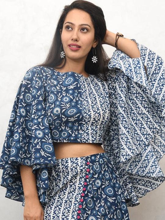 Blue Cotton Printed Top and Skirt Co-Ords For Cheap