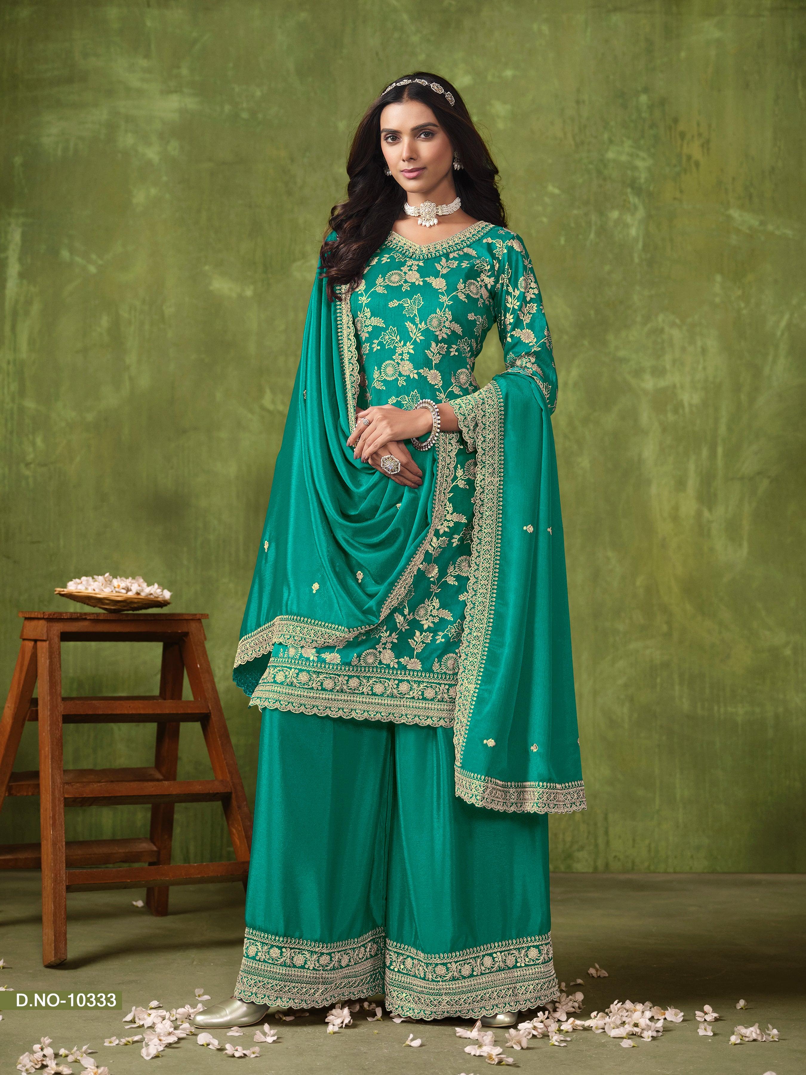 Teal Green Dola Silk Jacquard Festive Wear Palazzo Suit Sale Free Shipping