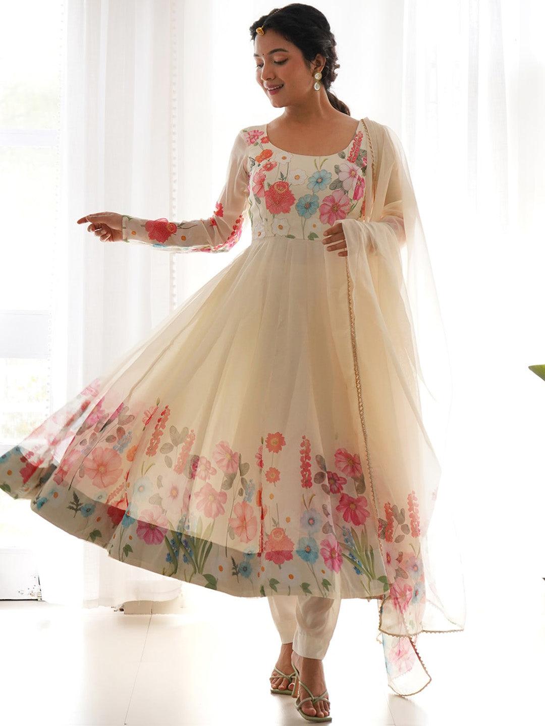 Cream silk Floral Printed anarkali suit with dupatta Cheap Sale View