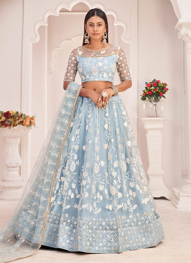 Embroidered Ice Blue Soft Net Lehenga Outlet Largest Supplier