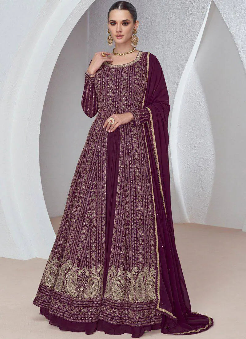 Wonderful Wine Faux Georgette Embroidered Gown With Skirt 100% Authentic For Sale