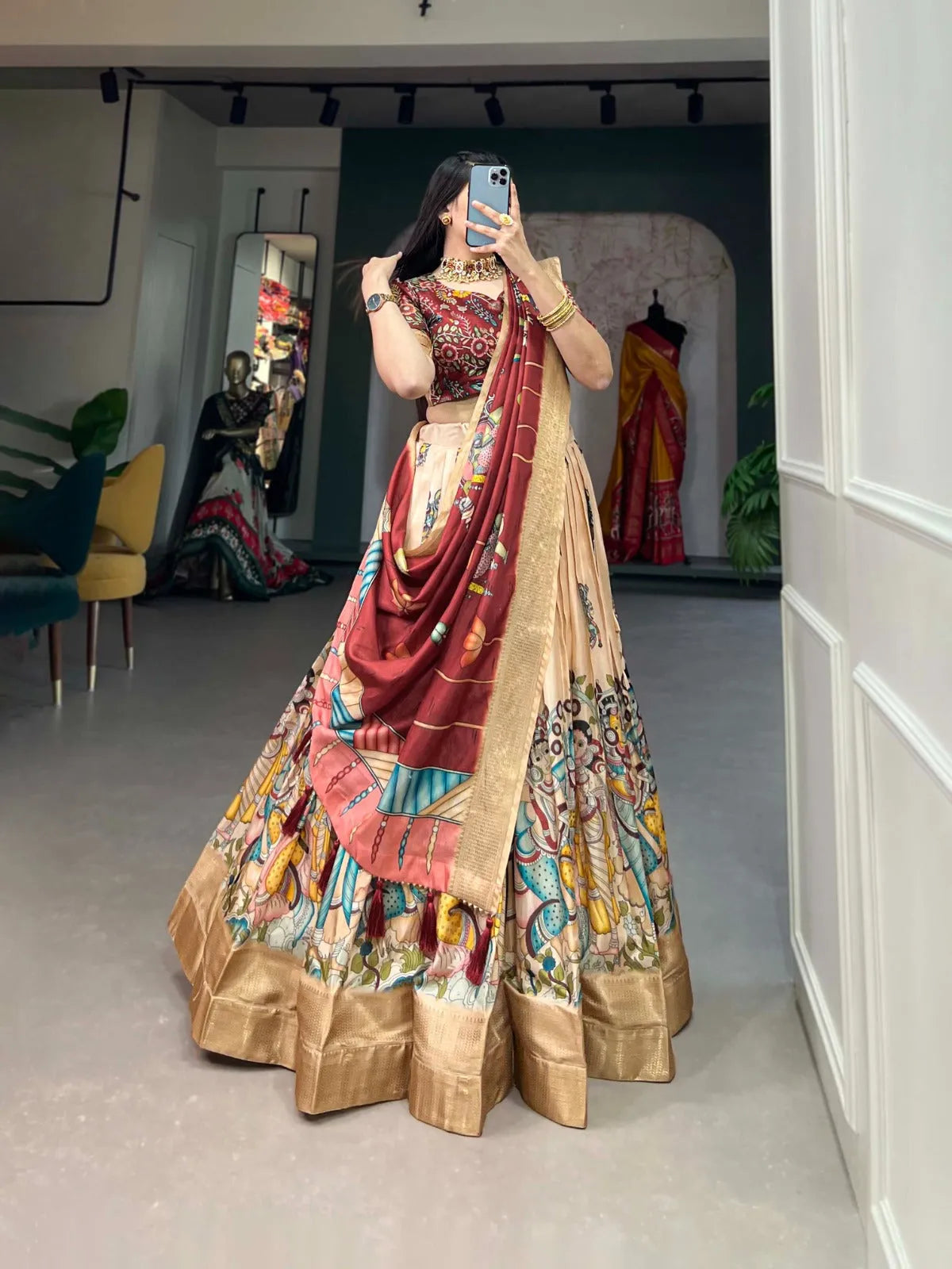 Alluring Dola Silk Kalamkari Printed Lehenga Choli Set Discounts Sale Online