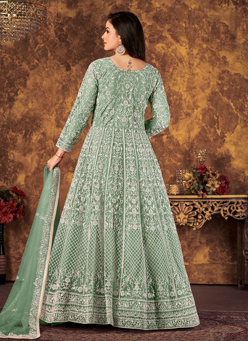 Green Color Net Base Embroidered Gown Discount Choice