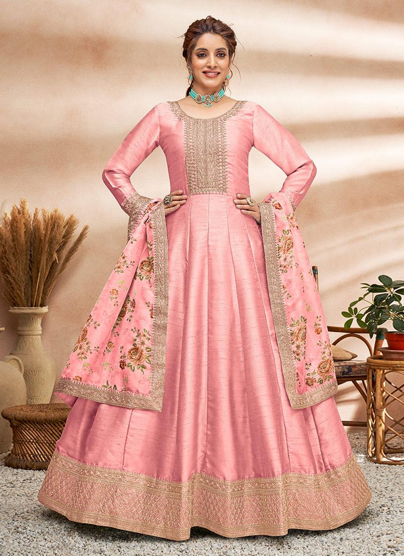 Embroidered Art Silk Fabric Pink Gown Free Shipping Outlet