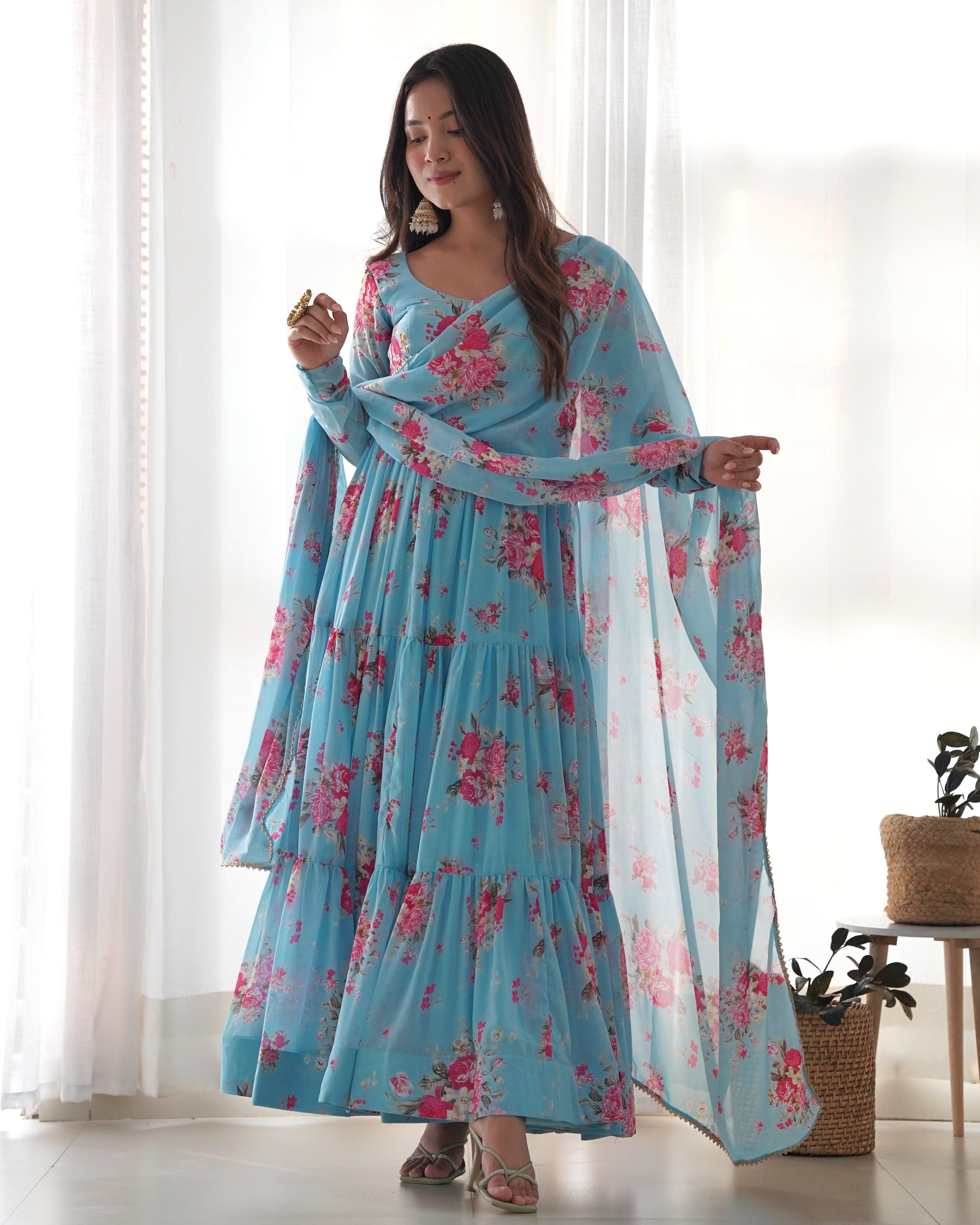 Sky Blue Pure Faux Georgette Floral Printed Ruffle Anarkali Pant Suit Cheap Sale New Arrival