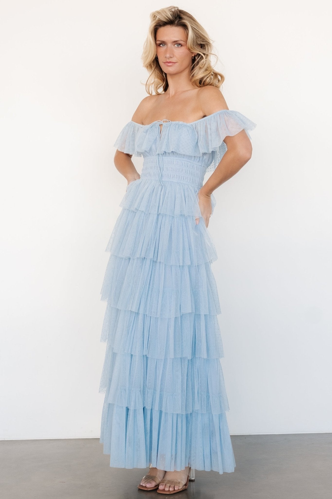 Valora Swiss Dot Tulle Maxi Dress | Light Blue Outlet Buy