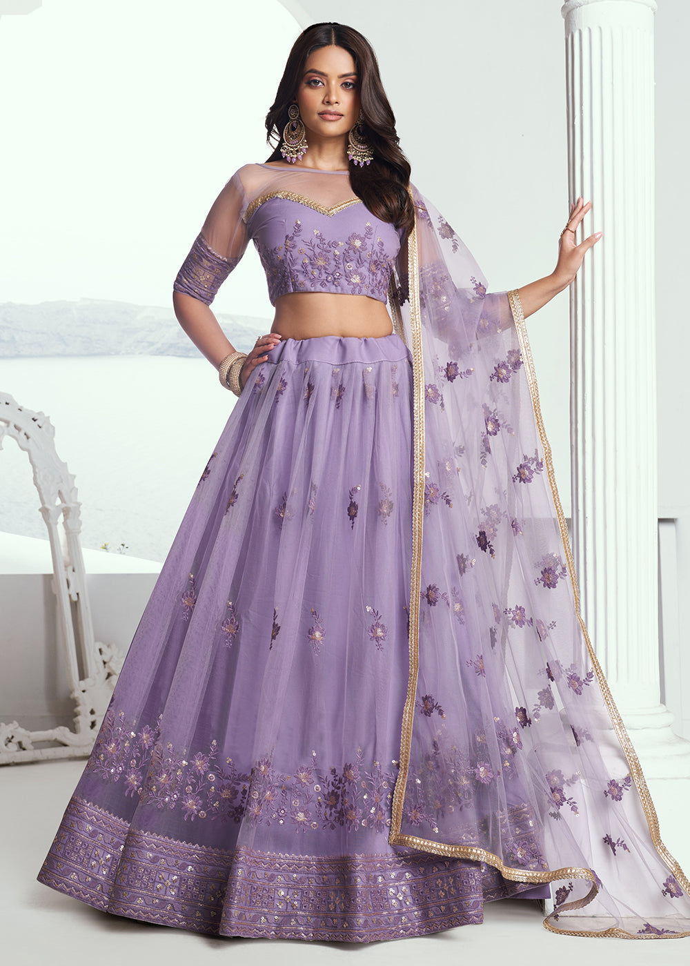 Fabulous Lavender Net Embroidered Bridal Lehenga Choli High Quality Cheap Pice