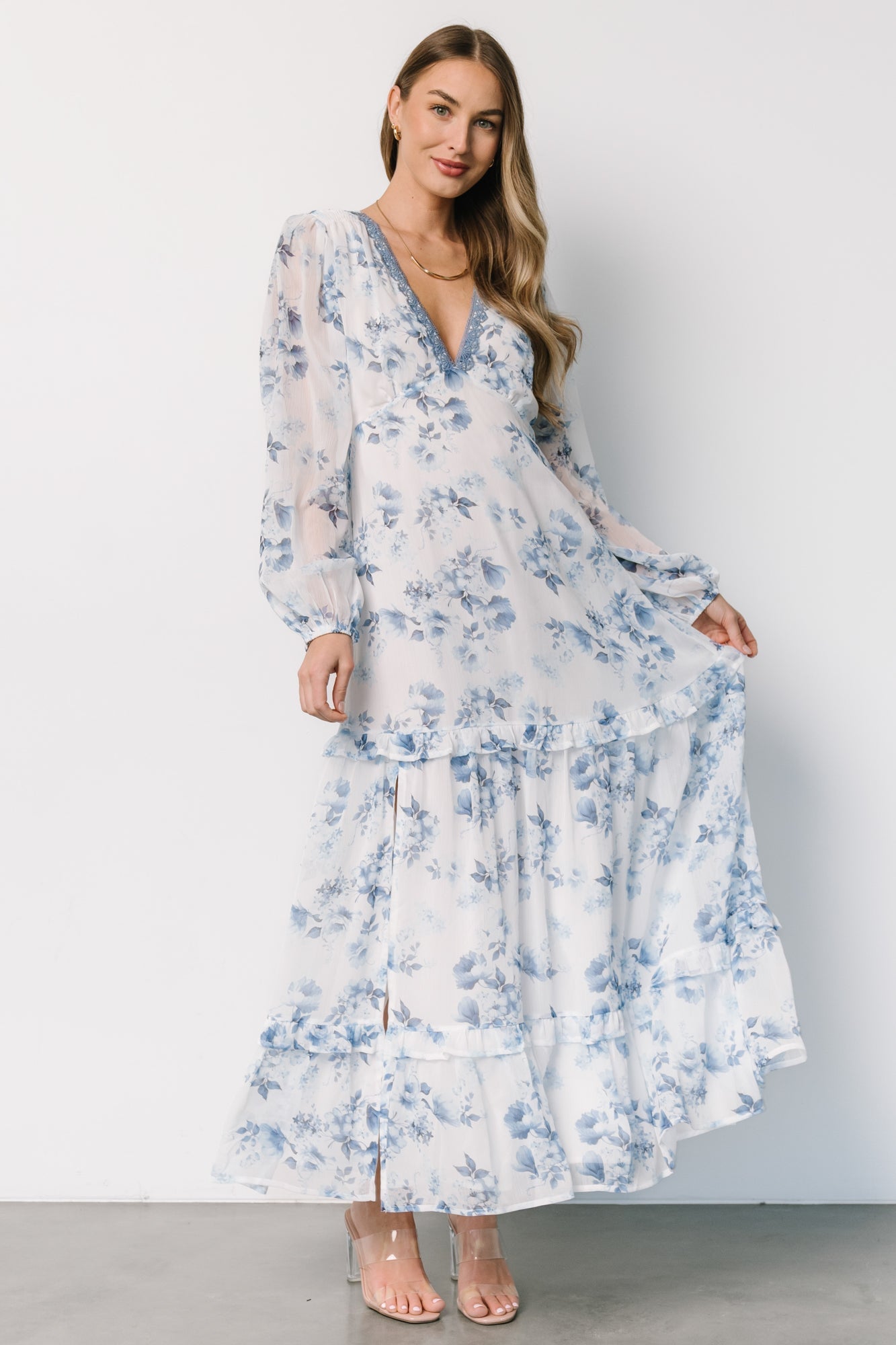 Rumi Deep V Maxi Dress | Off White + Blue Floral Best Wholesale For Sale