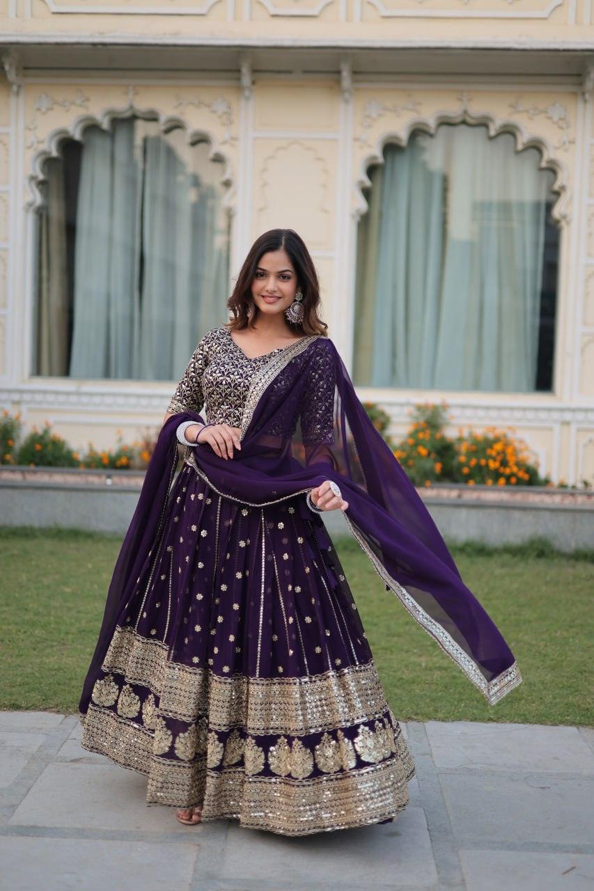 Wonderful Purple Faux Georgette Heavy Sequins Embroidered Lehenga Choli Set Cheap Sale How Much