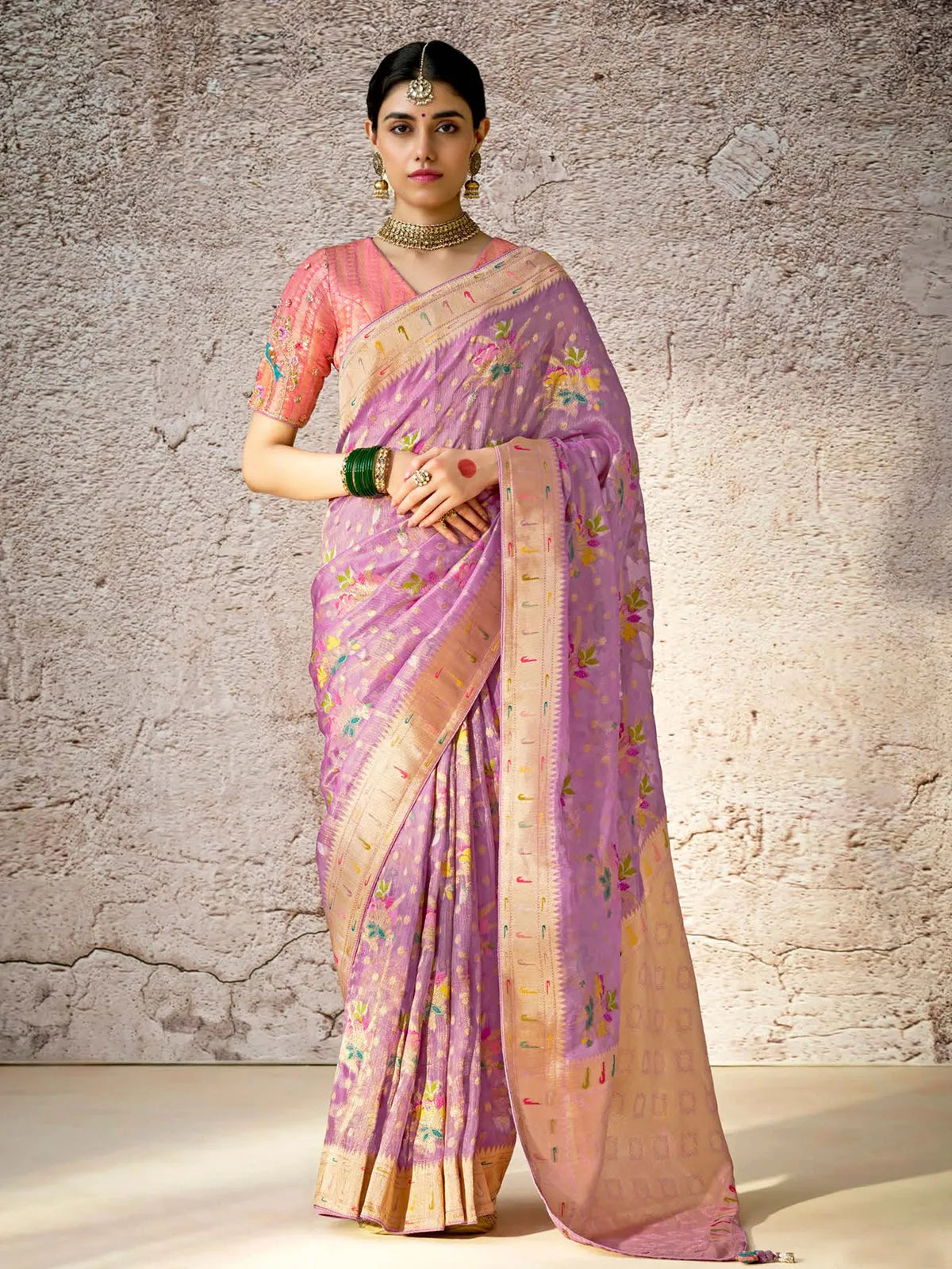 Enticing Lavender Banarasi Silk Saree Floral Embroidered Cheap Sale Wholesale Pice