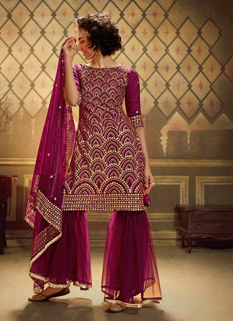 Wine Soft Net And Sequins Sharara Salwar Suit Eastbay Online