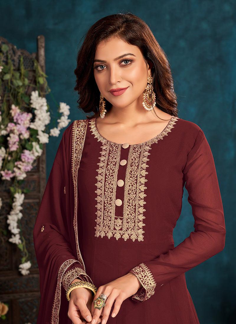 Maroon Color Georgette Fabric Dori Work Full Sleeves Gown Cheap Sale Lowest Pice