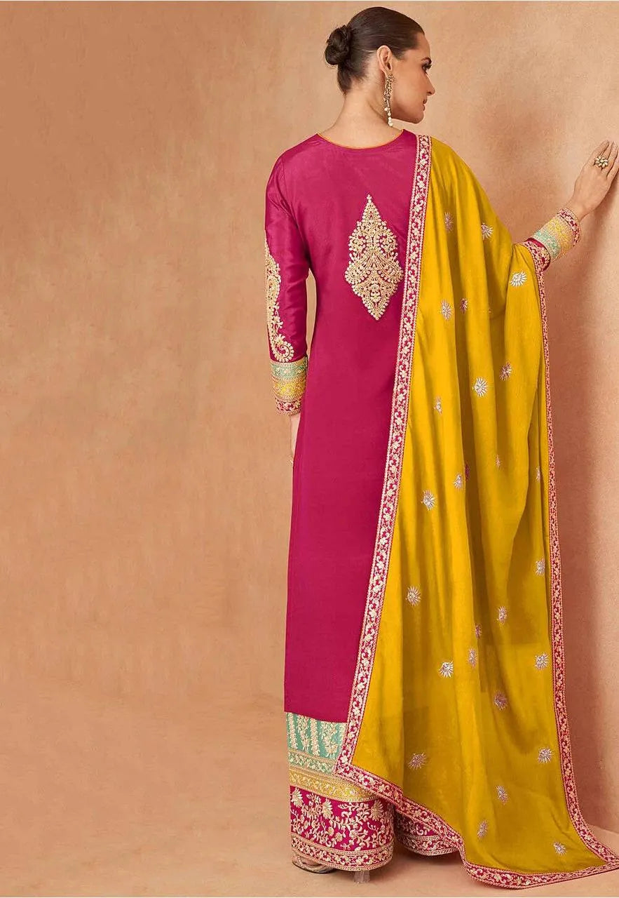 Vibrant Yellow and pink Chinon Embroidered Sharara Shuit Discount Release Dates