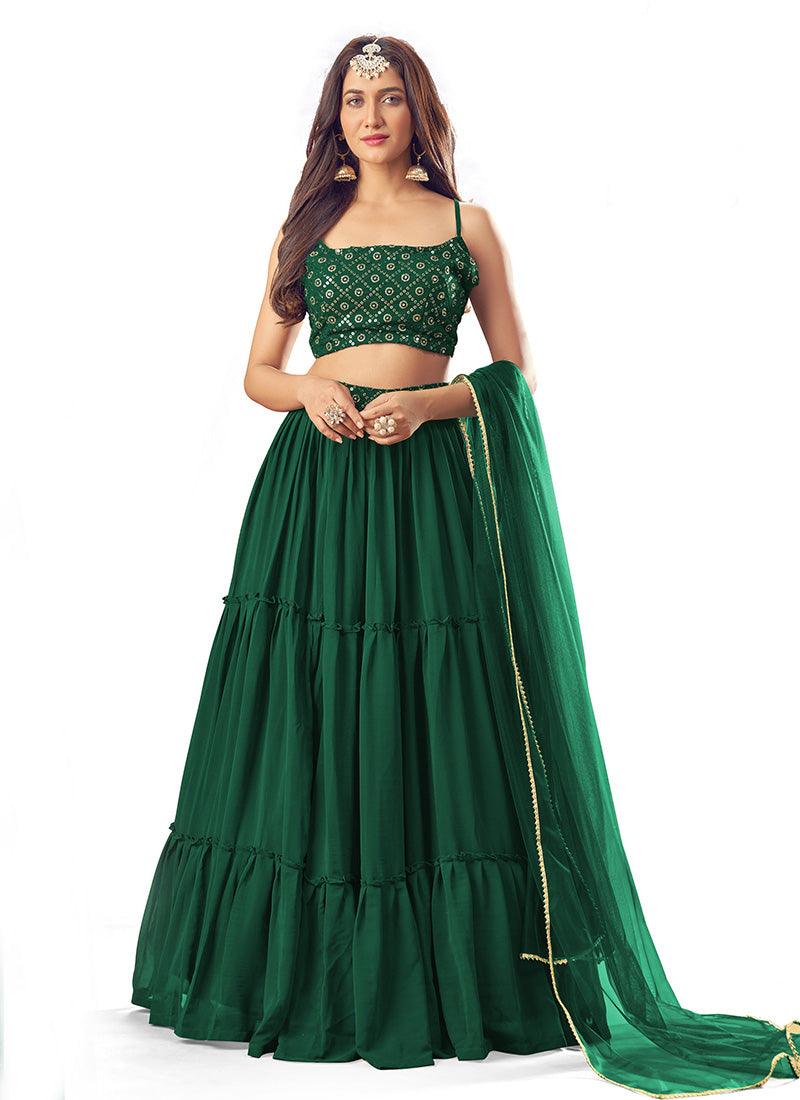 Green Color Georgette Base Ruffle Lehenga With Sequins Work Sleeveless Choli Deals