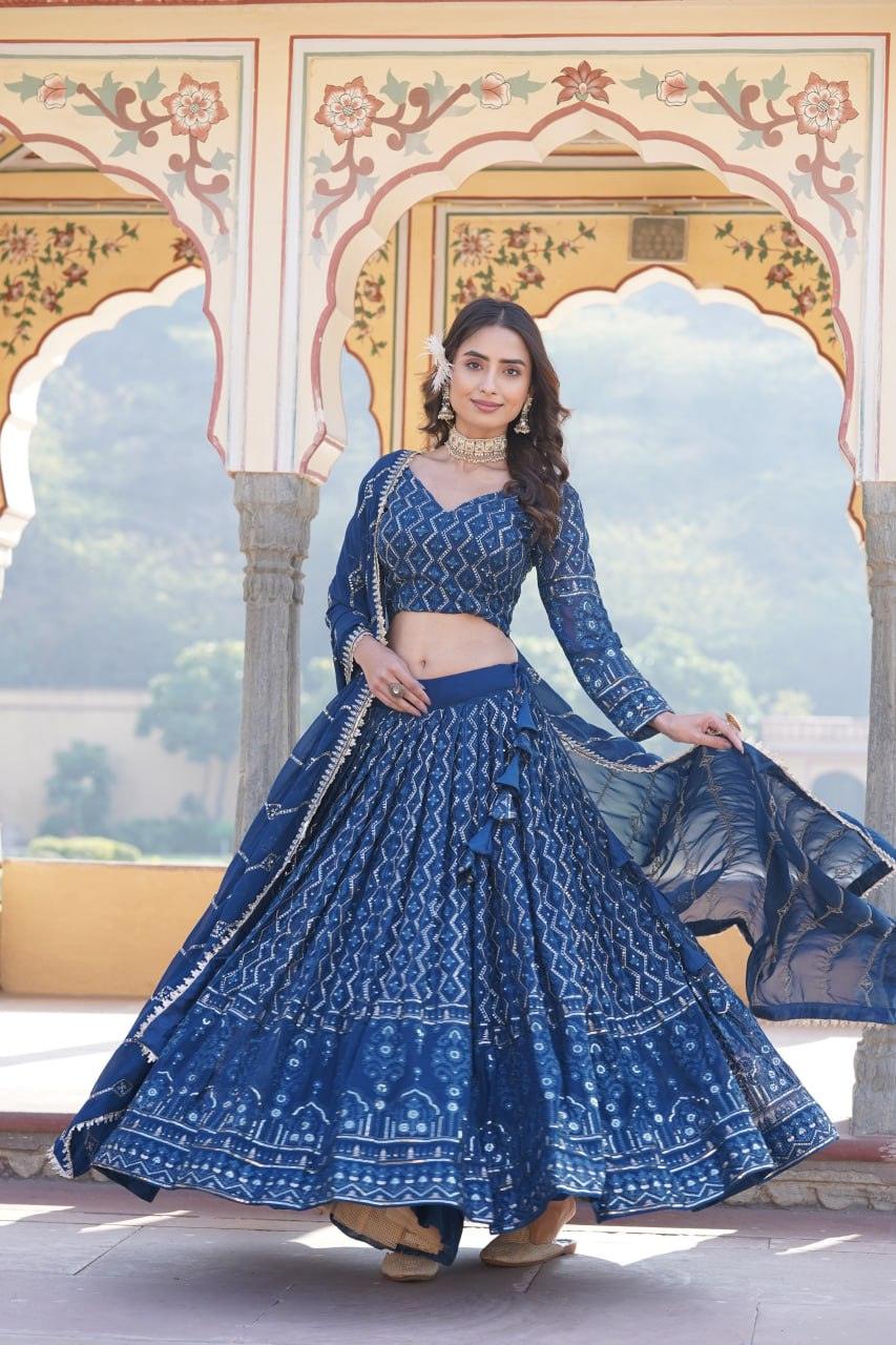 Alluring Faux Georgette Heavy Sequins Thread Embroidered Lehegna Choli Set Best For Sale