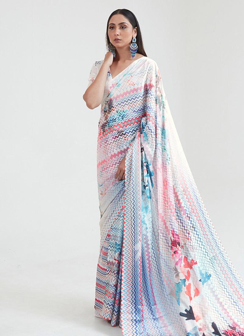 White Color Satin Fabric V-Neck Blouse Partywear Printed Saree Good Selling Sale Online