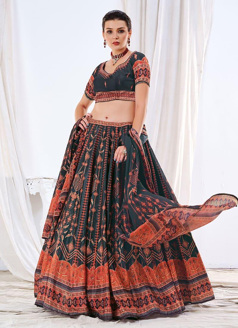 Teal Green Color Printed Half Sleeves Flared Lehenga Choli Marketable