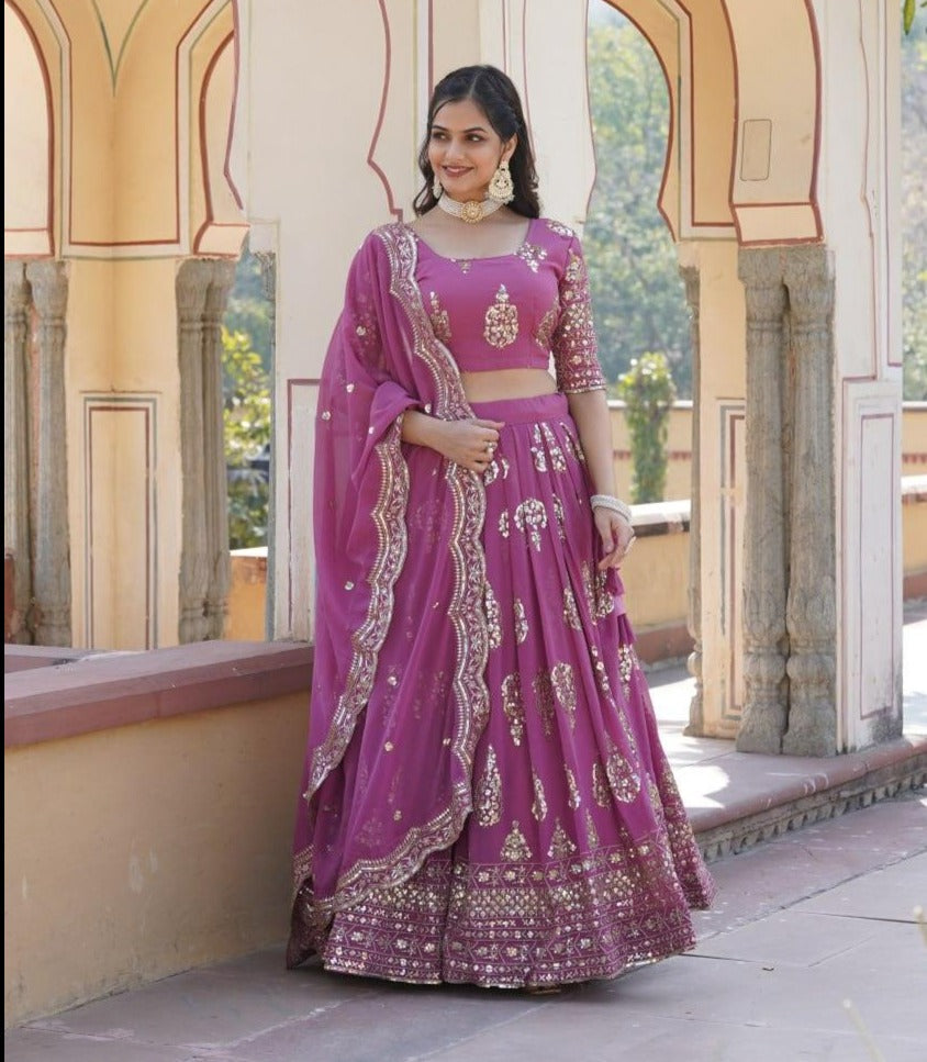 Reddish Magenta Faux Georgette Heavy Sequins Embroidered Lehenga Choli Set Top Quality For Sale