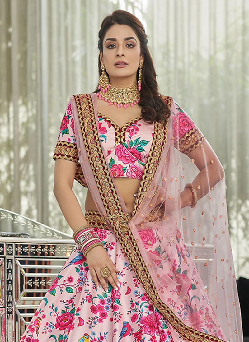 Art Silk Fabric Embroidered Light Pink Floral Lehenga Free Shipping Best