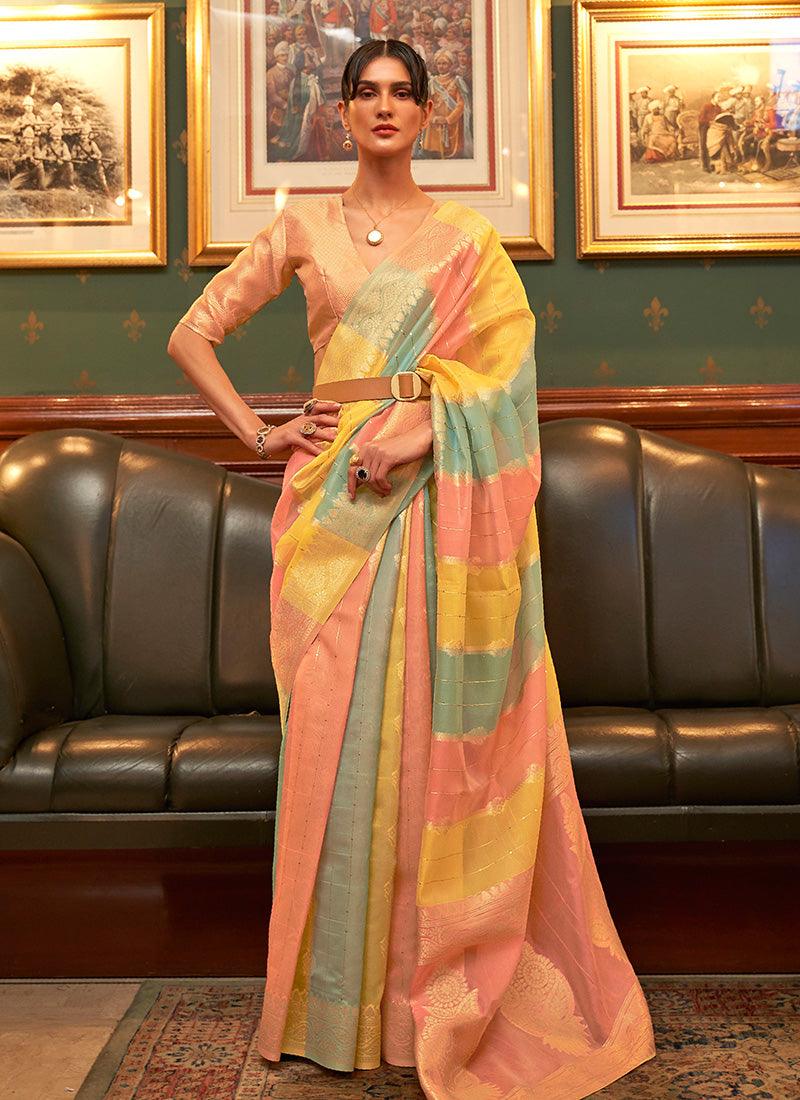 Peach Color Organza Base Silk Weave Work Saree 2025 Newest Cheap Online