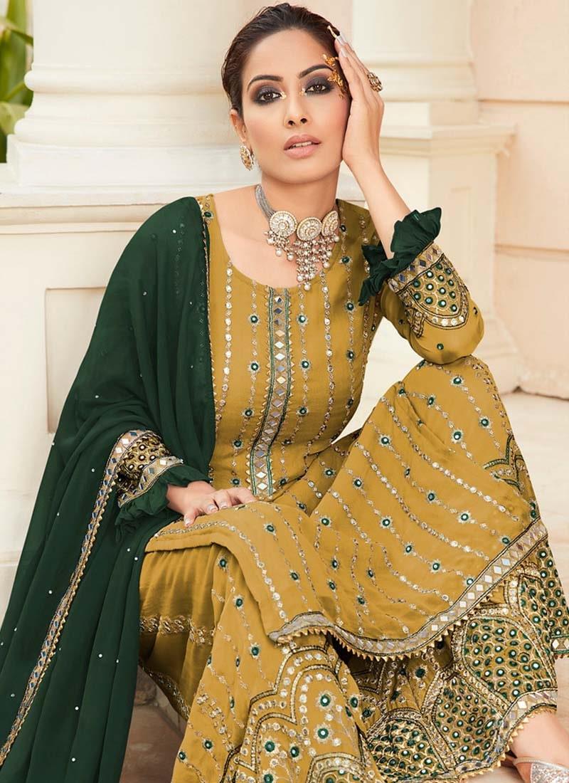 Ocher Yellow Color Georgette Base Wedding Wear Designer Look Palazzo Suit Discount Shop Offer