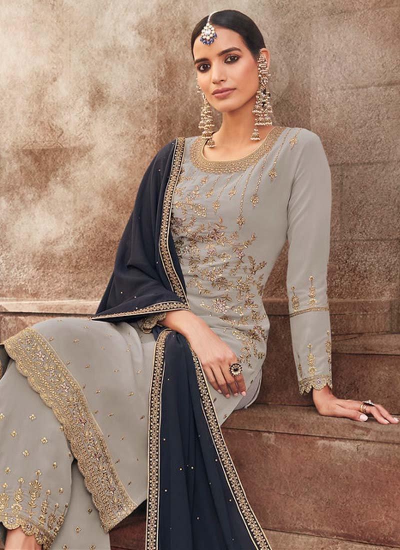 Zari Work Grey Pant Style Suit With Contrast Dupatta Looking For