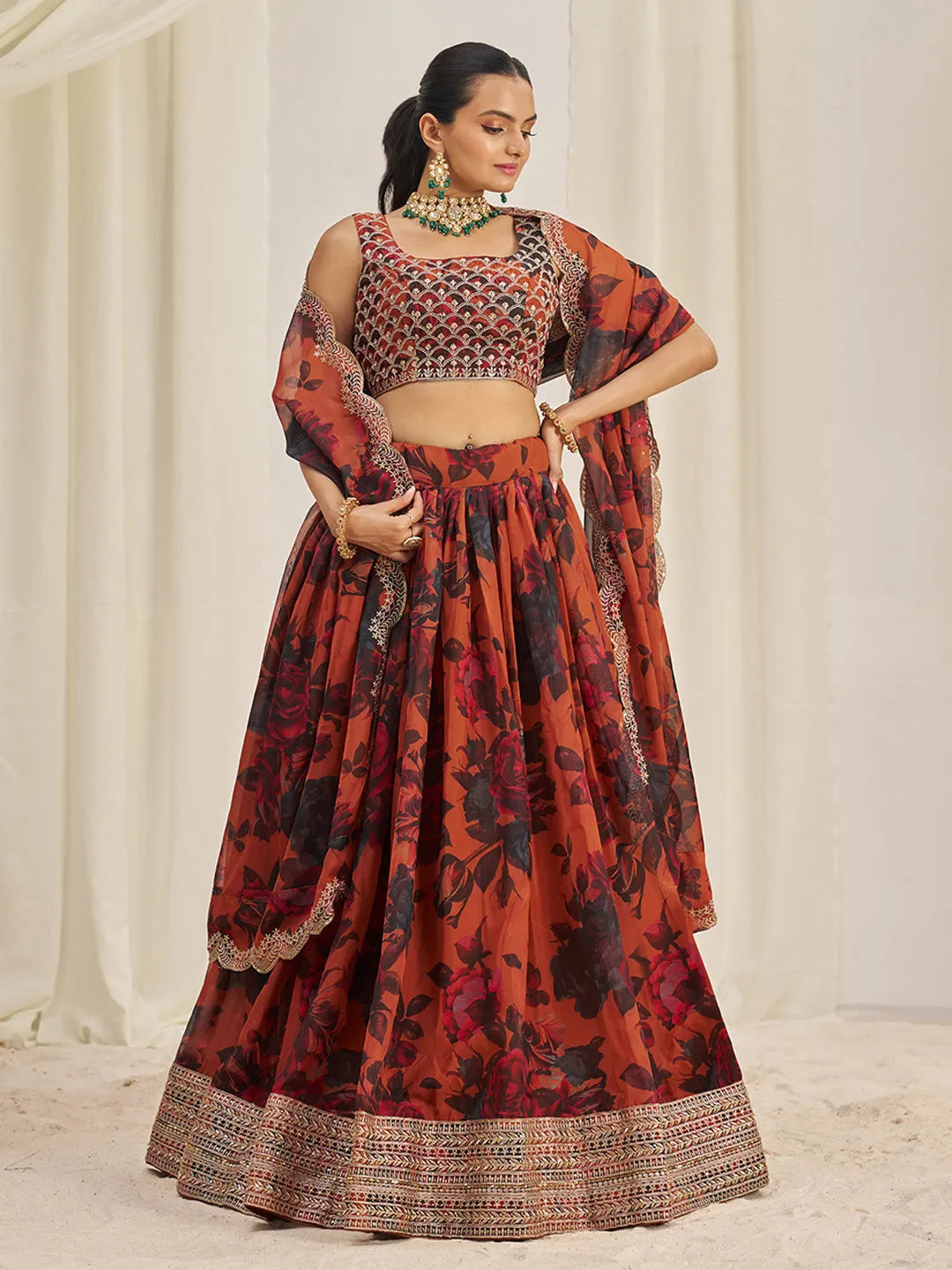 Orange Organza Zari Dori Sequins Floral Lehenga Choli Set Discount 2025 Unisex