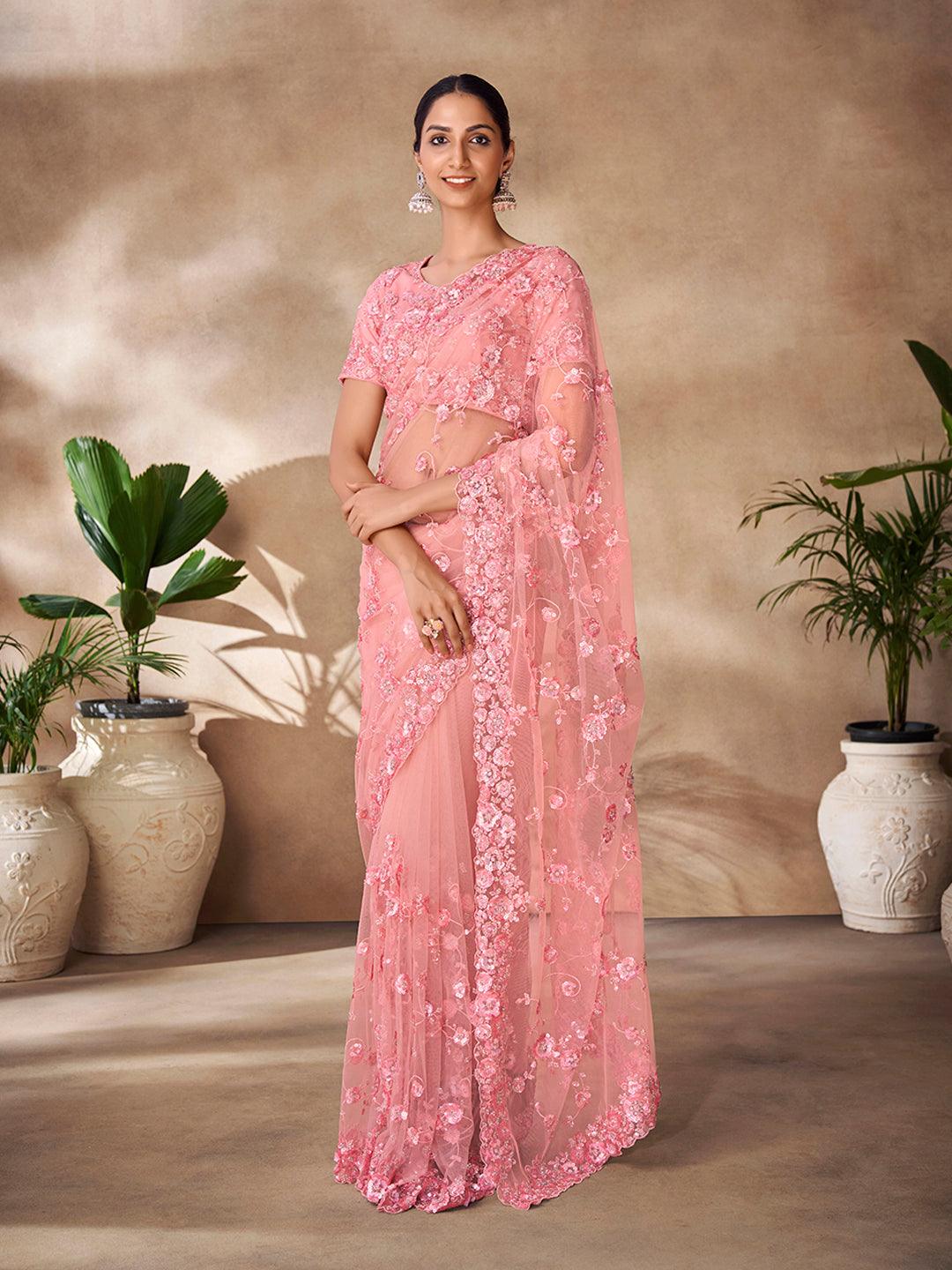 Peach color net base zarkan, thread and embroidered saree Online Online Cheap Pice