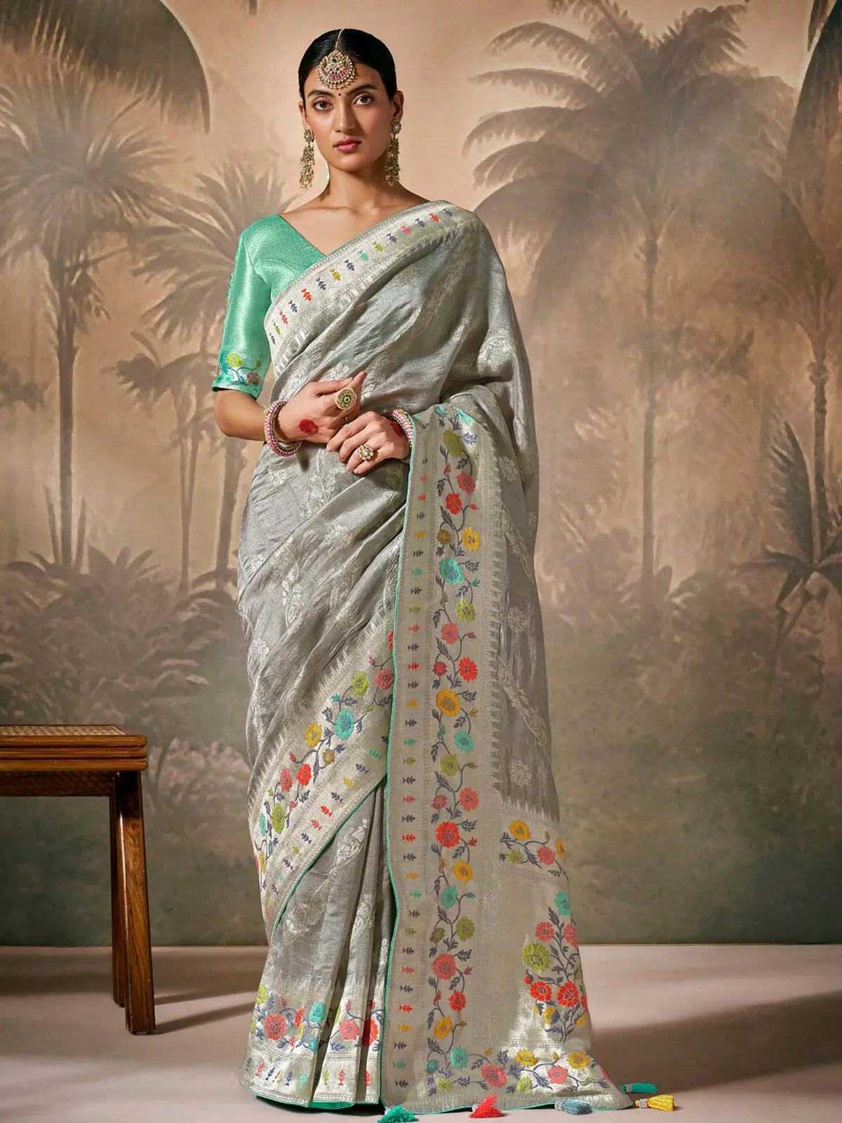 Graceful Grey Paithani Banarasi Silk Saree with Floral Motifs Amazon Cheap Online