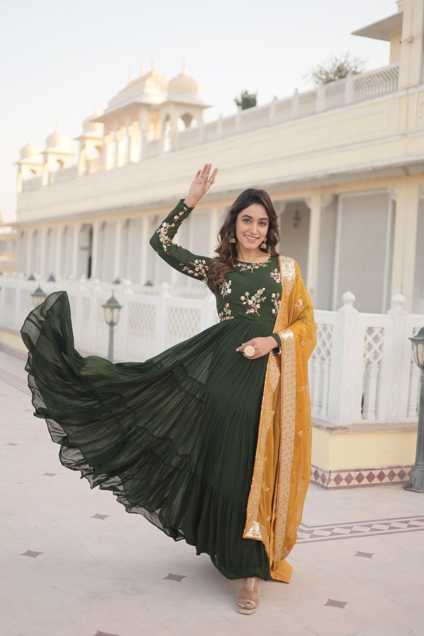 Green Georgette Embroidered Gown with dupatta Order Cheap Online