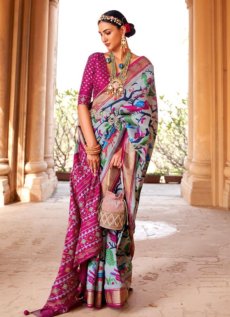 Rani Pink Color Silk Base Printed Saree With Swarovski Work Cheap Low Shipping Fee