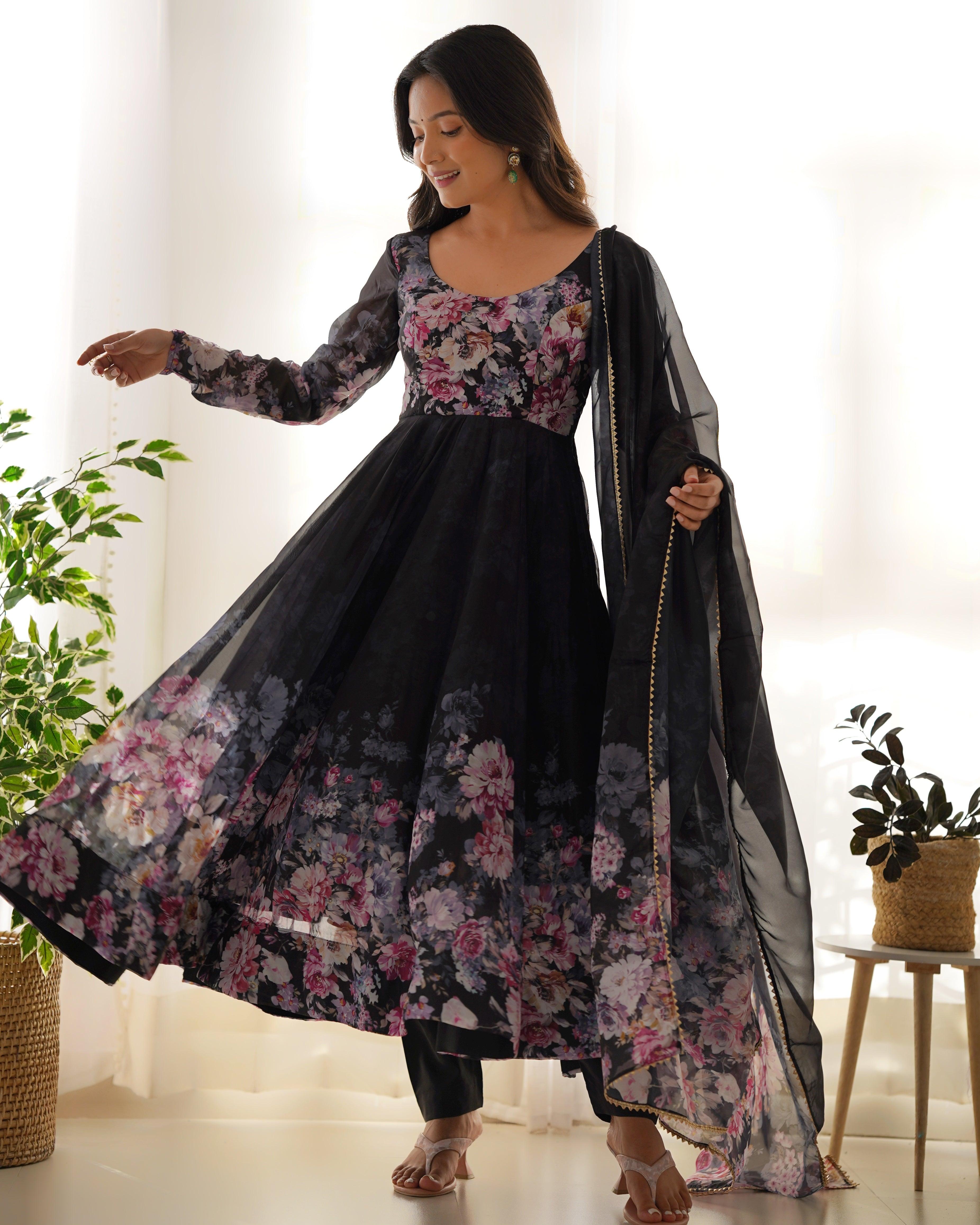 Black Organza Printed Anarkali Suit With Dupatta Sale Shop Offer