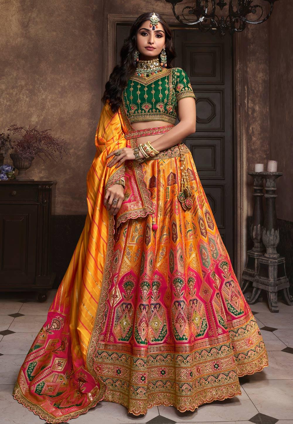 Orange Banarasi Silk Wedding Lehenga Choli Set Get Authentic Sale Online