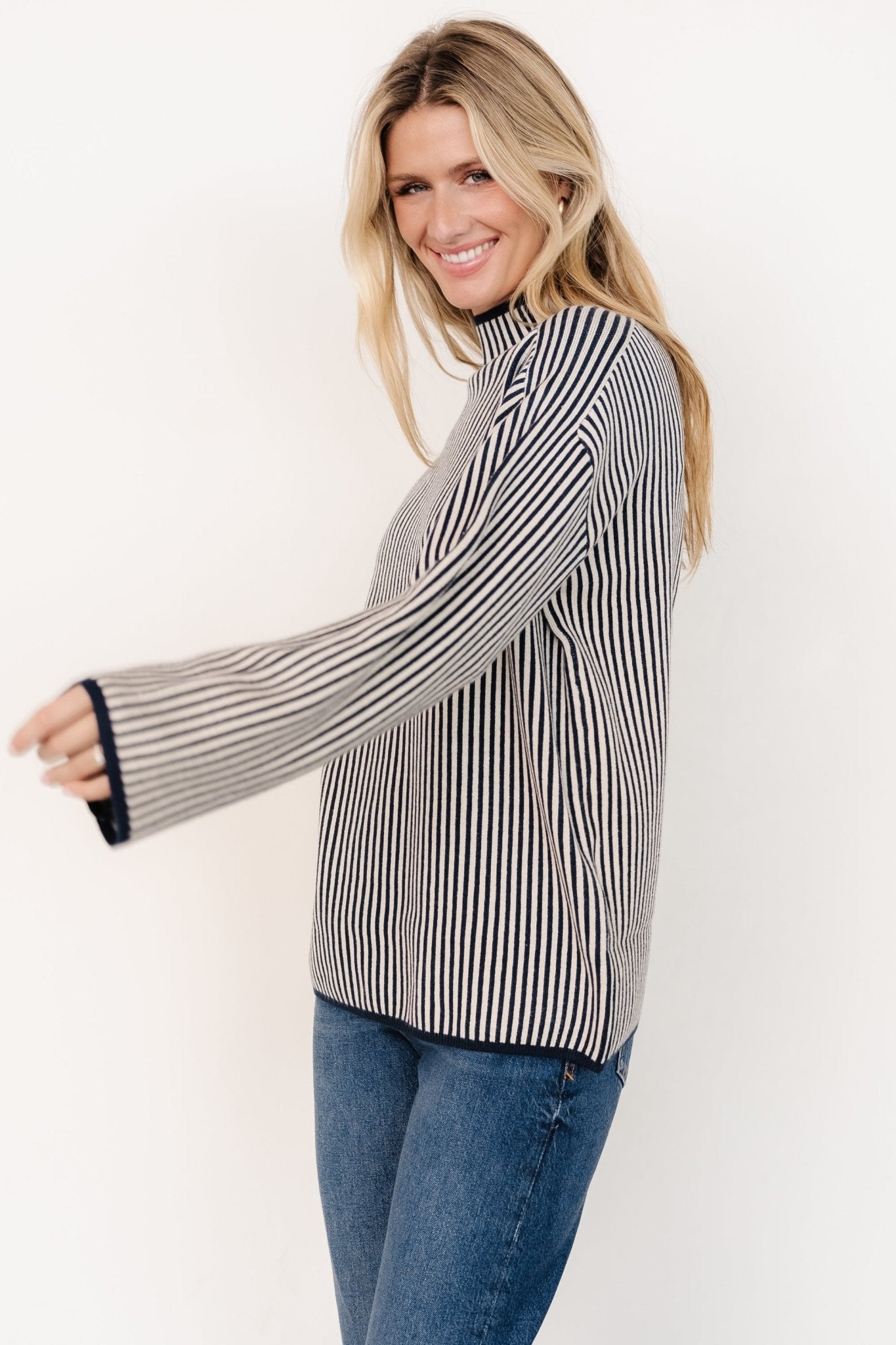 Kat Mock Neck Sweater | Navy Stripe Best Place Cheap Pice