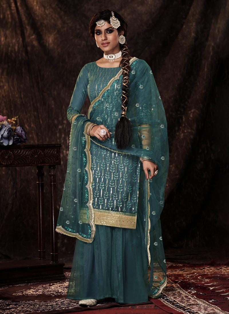 Dark Firozi Color Soft Net Base Sharara Suit With Sequins Work Deals Cheap Online