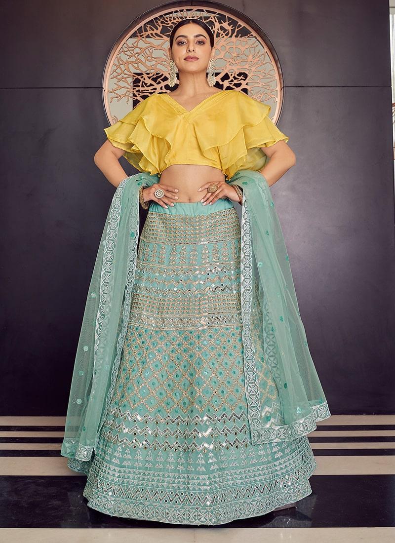 Organza Base Gota And Zari Work Turquoise Color Lehenga Pre Order