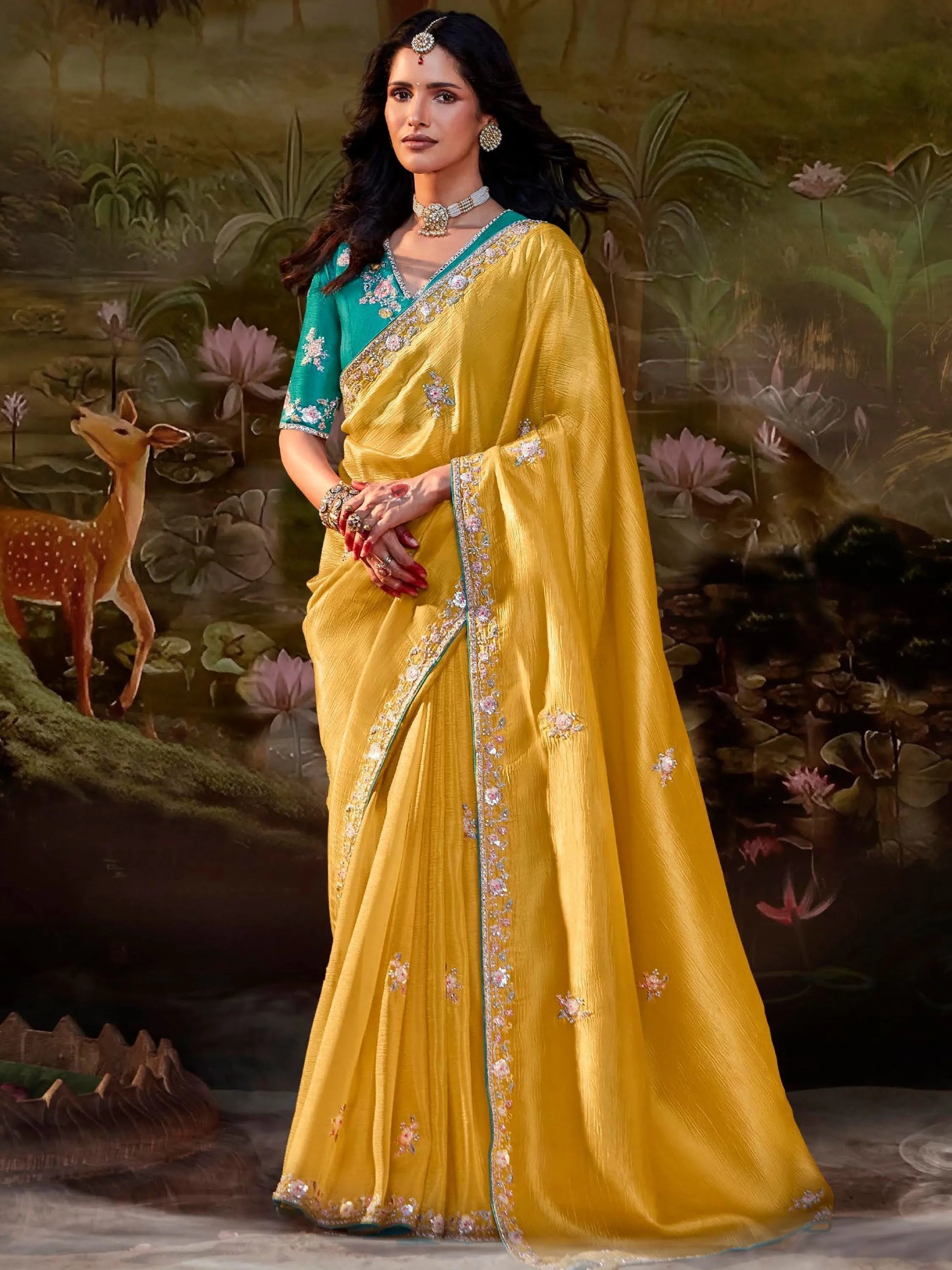 Yellow Pure Organza Sequins Thread Worked Designer Saree Buy Cheap 2025