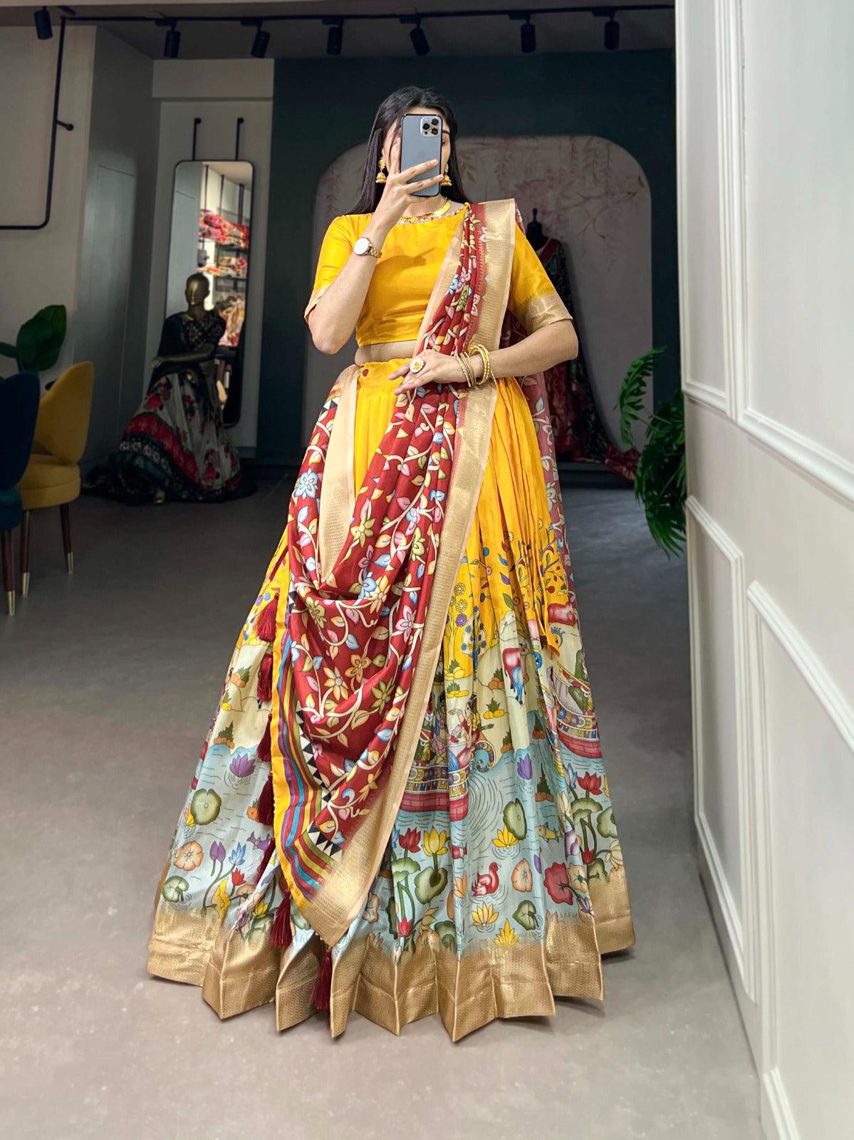 Yellow Kalamkari Printed Dola Silk Lehenga Choli Set Discount Looking For