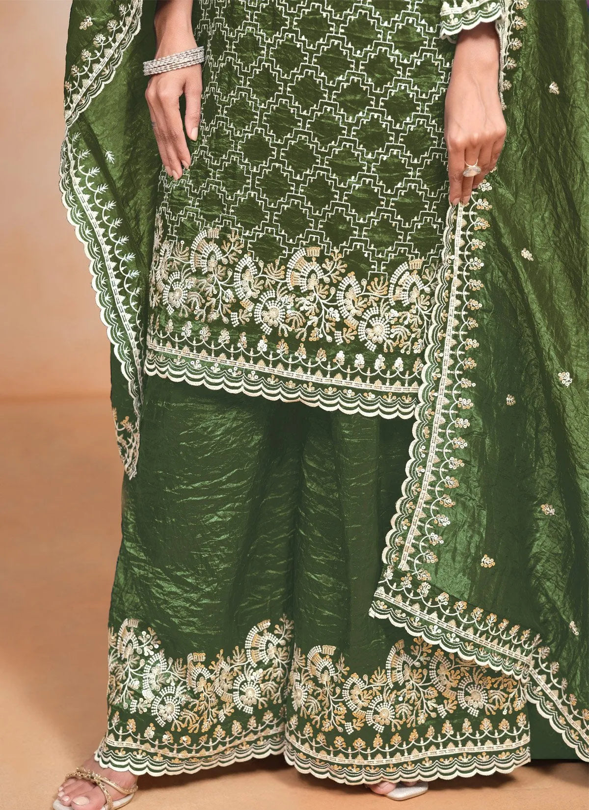 Outstanding Olive Crush Embroidered Work Palazzo Suit Buy Cheap Buy