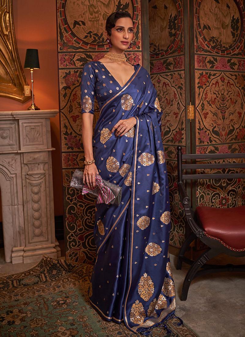 Half Sleeves Silk Weave Navy Blue Saree Cheap Footlocker Finishline