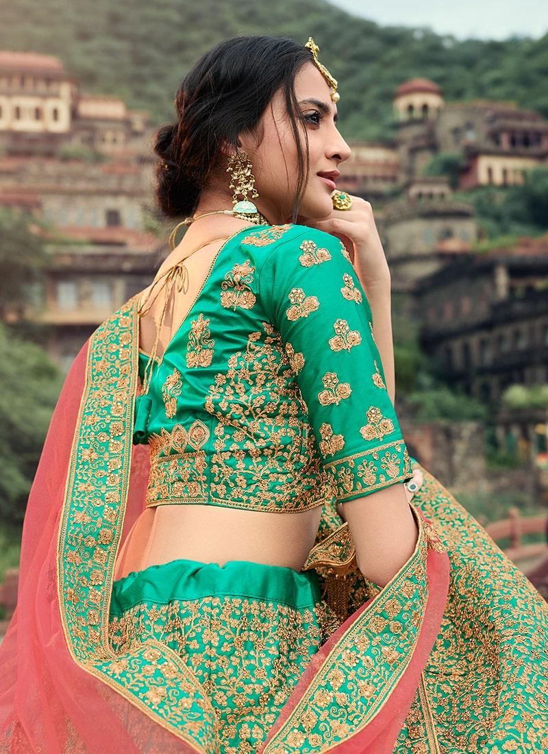 Sea Green Color Stone Work Satin Fabric Lehenga With Net Dupatta 2025 Unisex Online