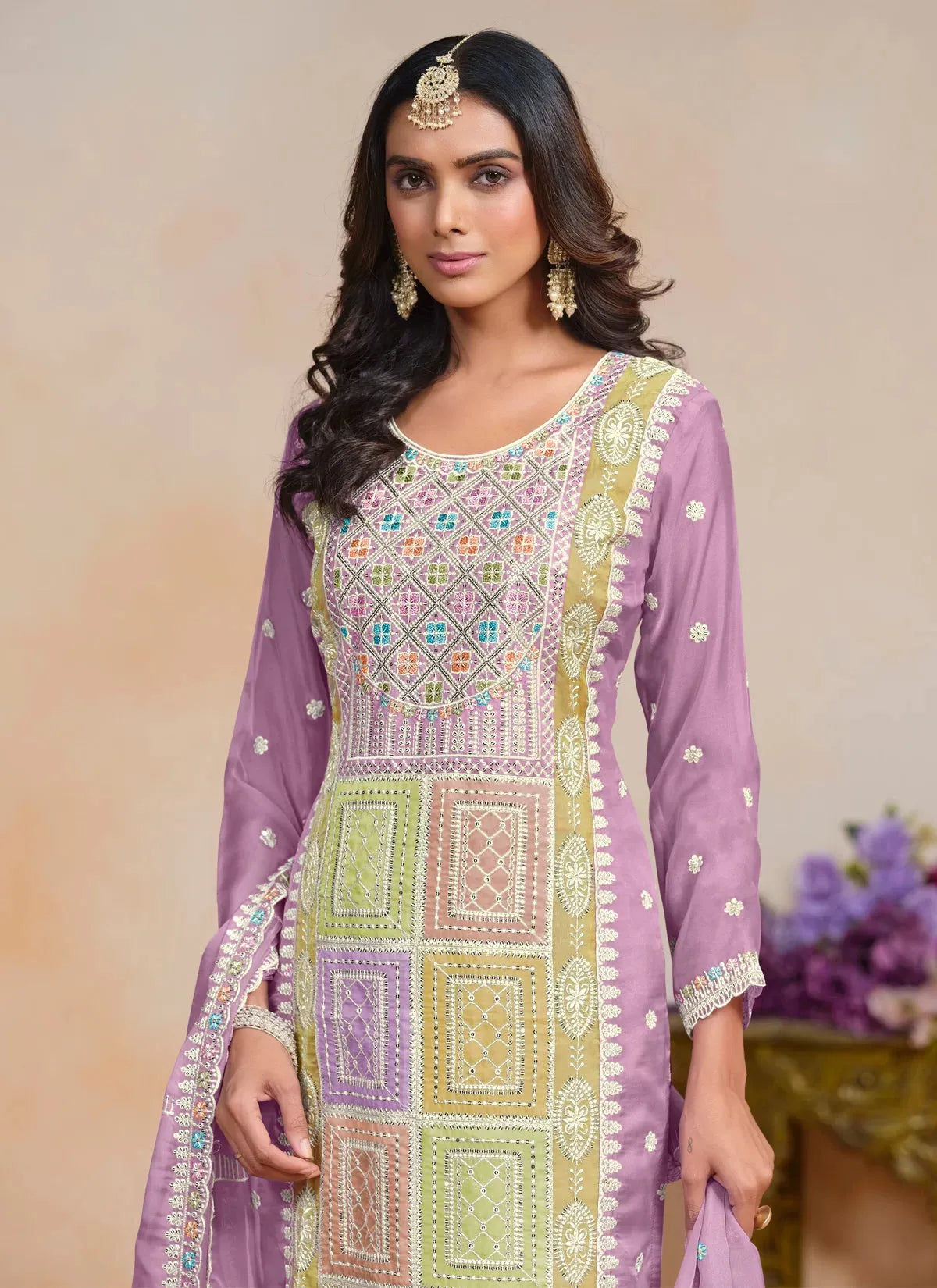 Magnificent lavender Embroidered Work Organza Salwar Kameez Discount Best