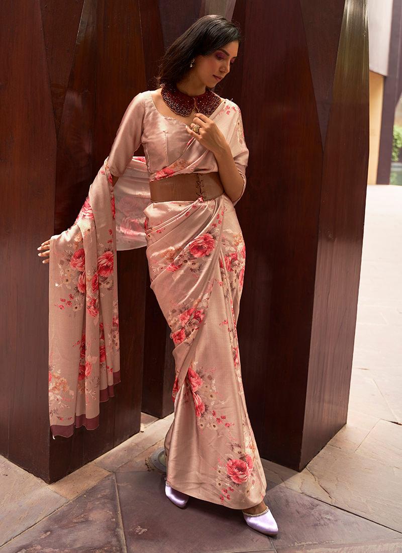 Beige Satin Crepe Floral Saree Clearance 2025