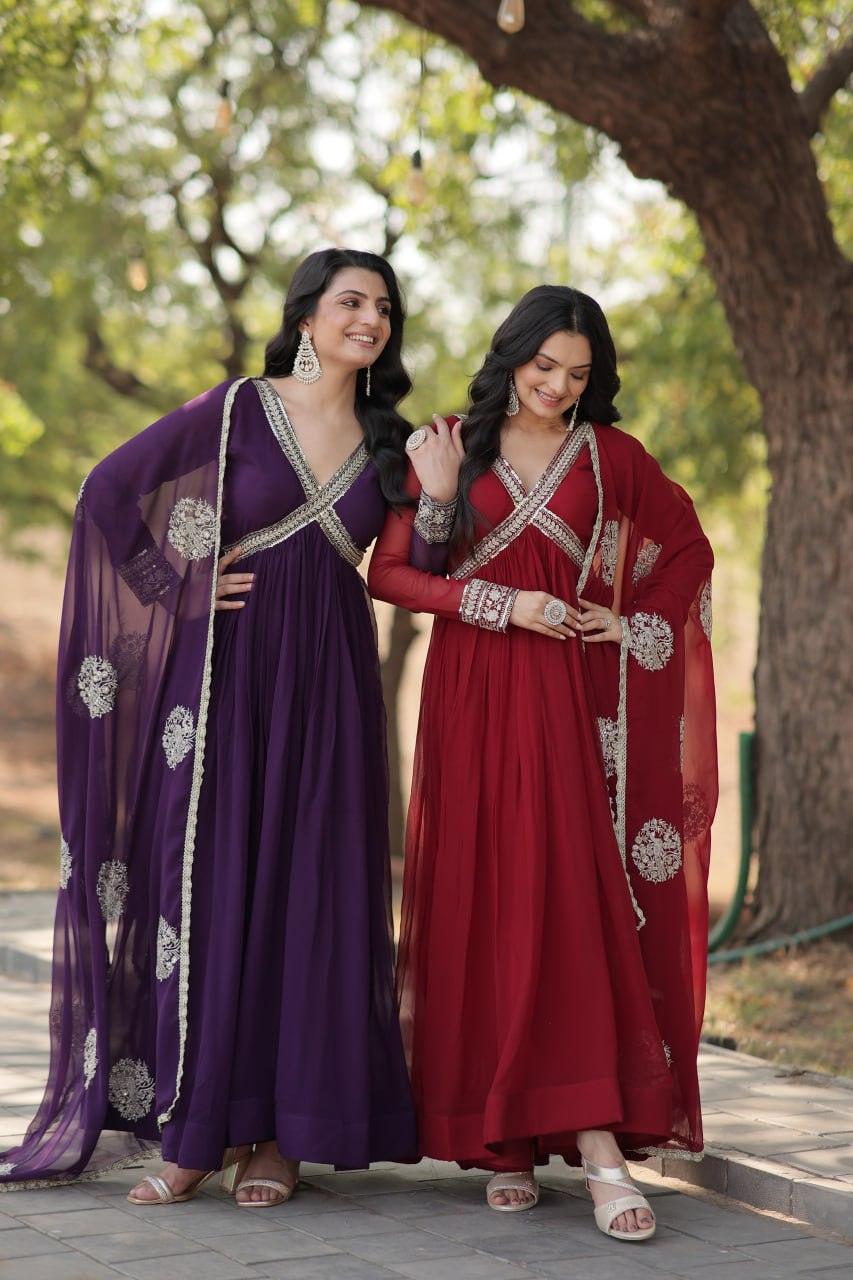 Elegant Maroon Embroidered Anarkali Gown Discount 2025 New