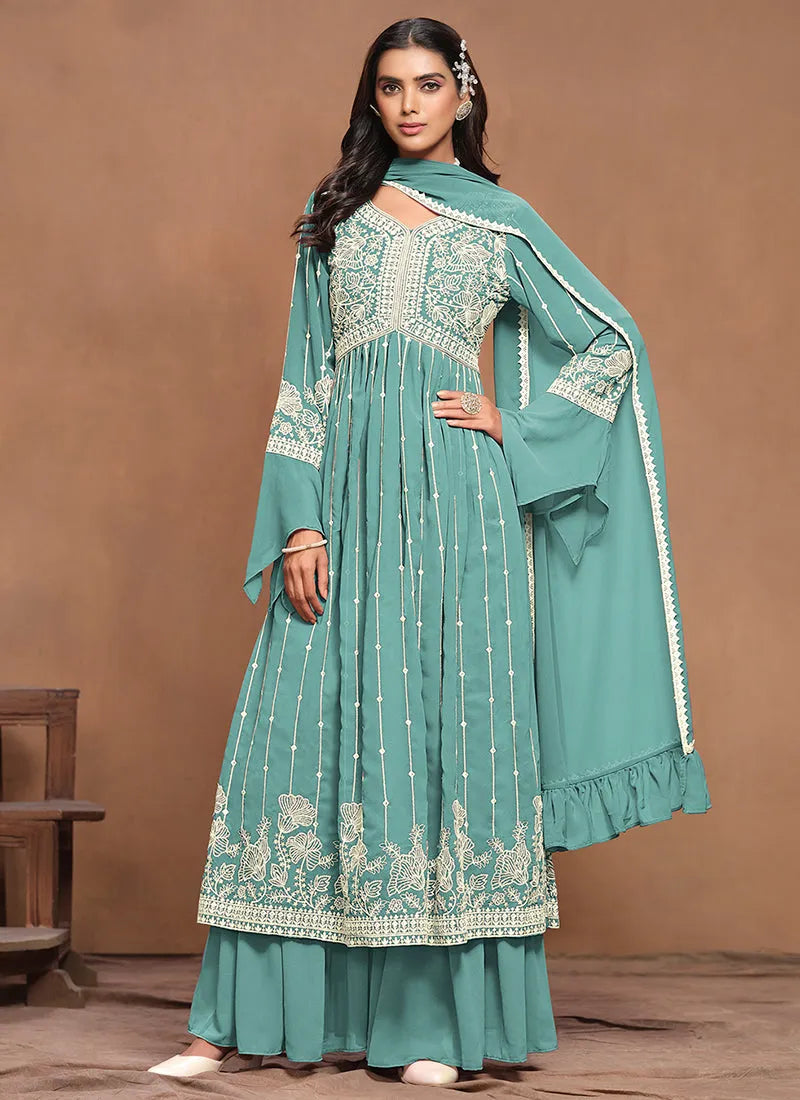 Extraordinary Aqua Blue White Embroidered Kurta Palazzo Suit Clearance Huge Surprise