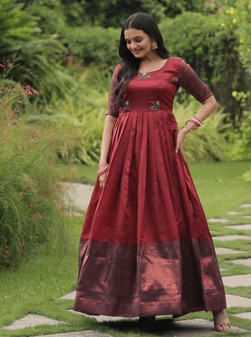 Maroon silk Printed Banarasi A-link Designer Gown Outlet Locations