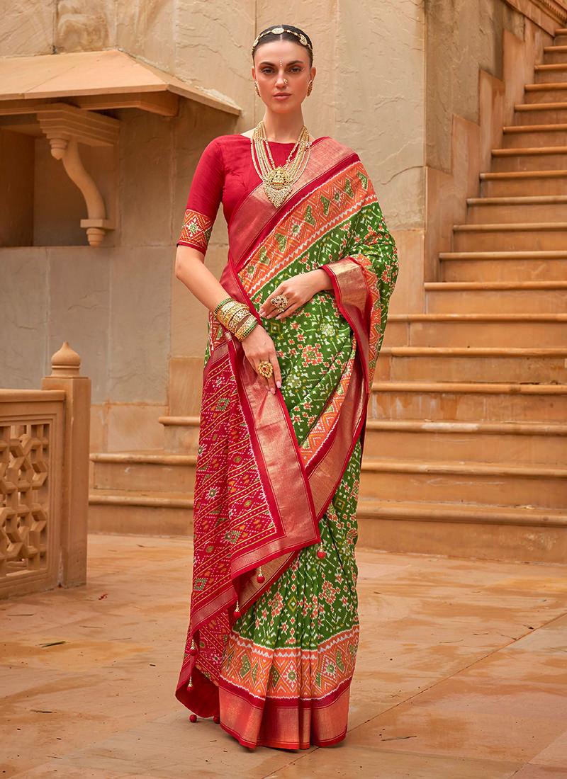 Smooth Silk Patola Print Forest Green Traditional Saree Free Shipping New Styles