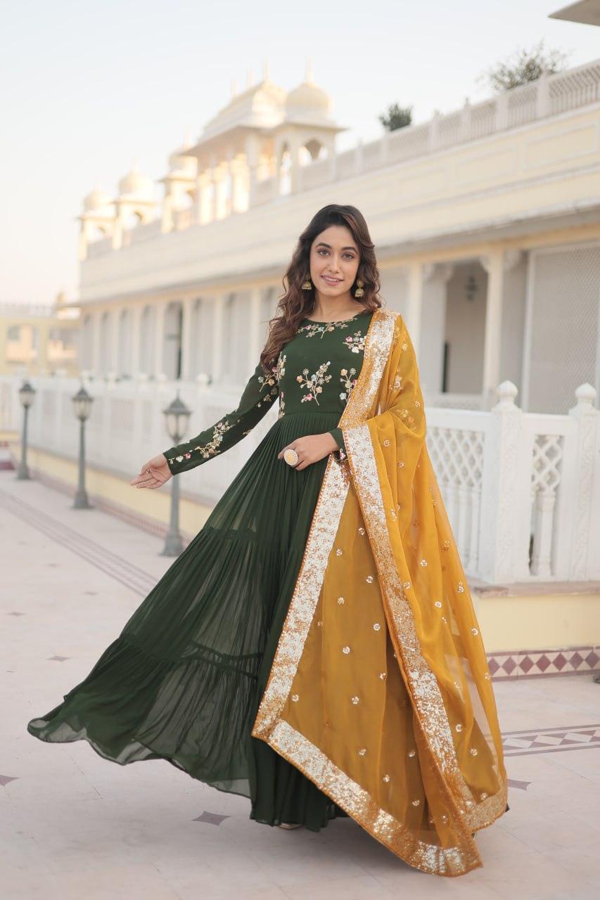 Green Georgette Embroidered Gown with dupatta Order Cheap Online