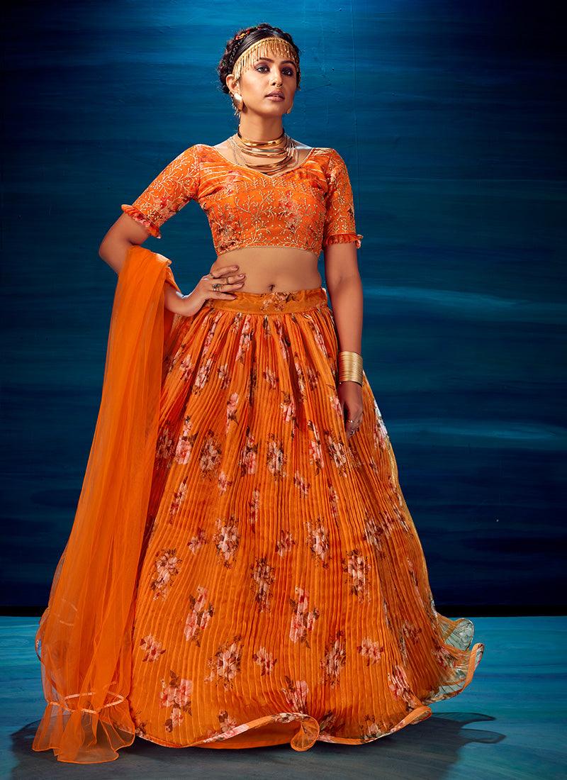 Orange Color Fantastic Heavy Sequins Work Printed Lehenga Choli Cheap Sale Looking For