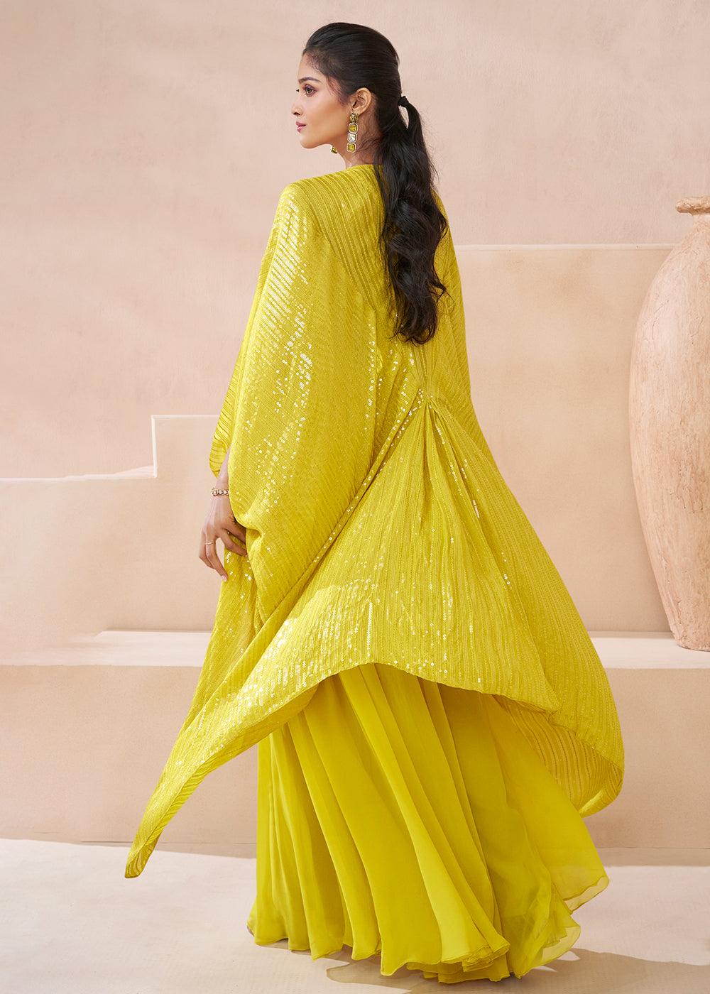 Yellow Georgette Zari Thread Sequins Worked Top Palazzo Shrug Suit Clearance Pick A Best